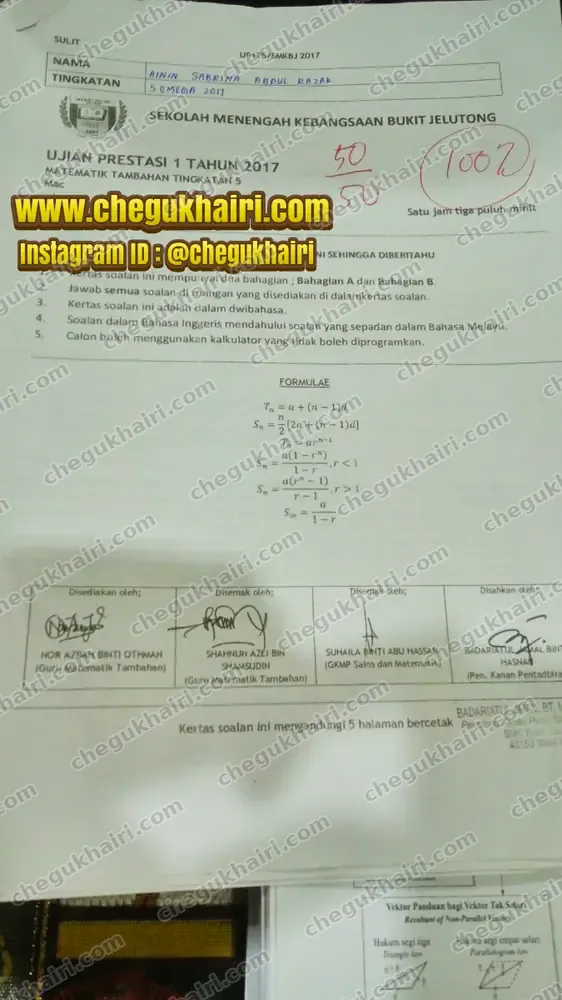 Ainin Sabrina - 100 for SPM Add Maths, the marked paper