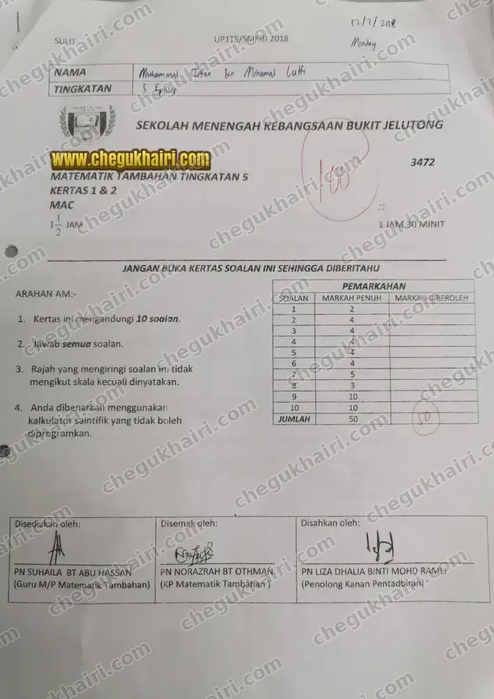 Irfan Lutfi - Scored 100 for Matematik Tambahan.