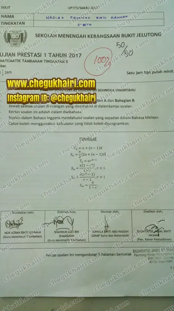 Nadiah Firdausi - Full marks, 50/50, for Add Maths in UP1 2017.