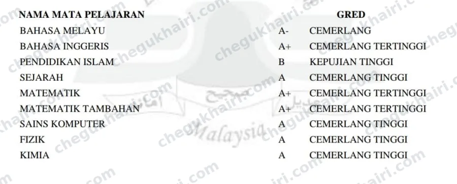 SPM result - A+ for both Maths and Add Maths, nine subjects.