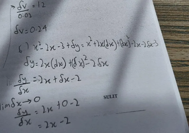 Ahmad's handwritten Add Maths working - Differentiation from first principles, Kertas 1, December 2024. Expands, forms δy/δx = 2x + δx − 2, writes the limit explicitly: dy/dx = 2x − 2. Every step the mark scheme wants.
