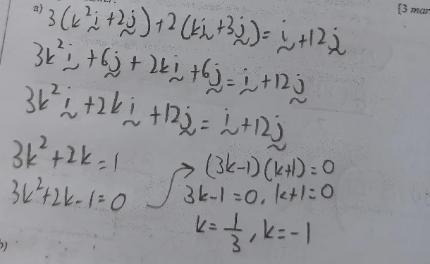 Ahmad's handwritten Add Maths working - Vectors, trial paper, October 2024. Collects the i-components into 3k² + 2k − 1 = 0, factorises, k = ⅓ or −1. The topic he was weakest at eighteen months earlier.