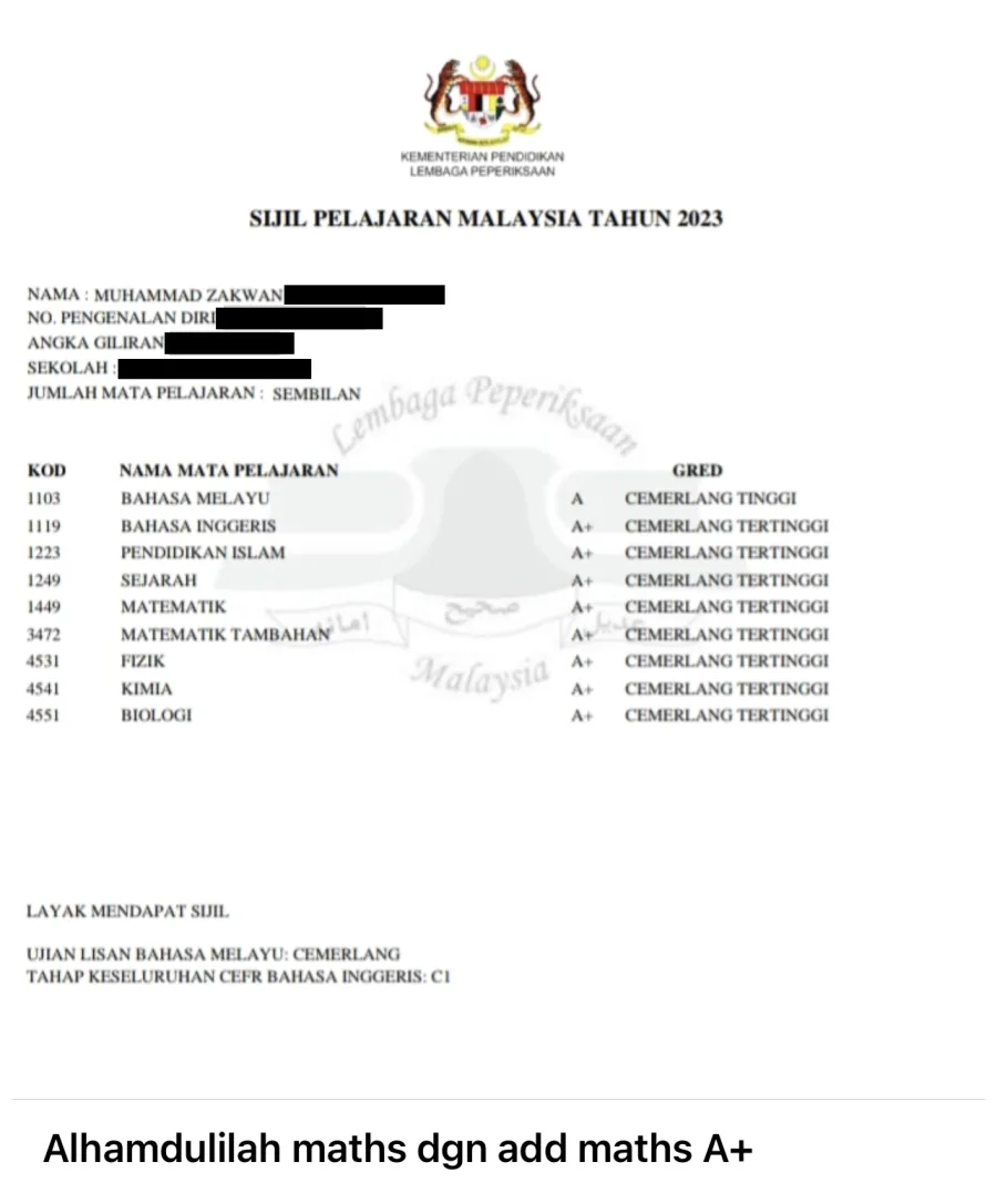 Zakwan's handwritten Add Maths working - SPM 2023, the slip itself. A+ for Mathematics and Additional Mathematics. Surname, IC number, index number and school blacked out.