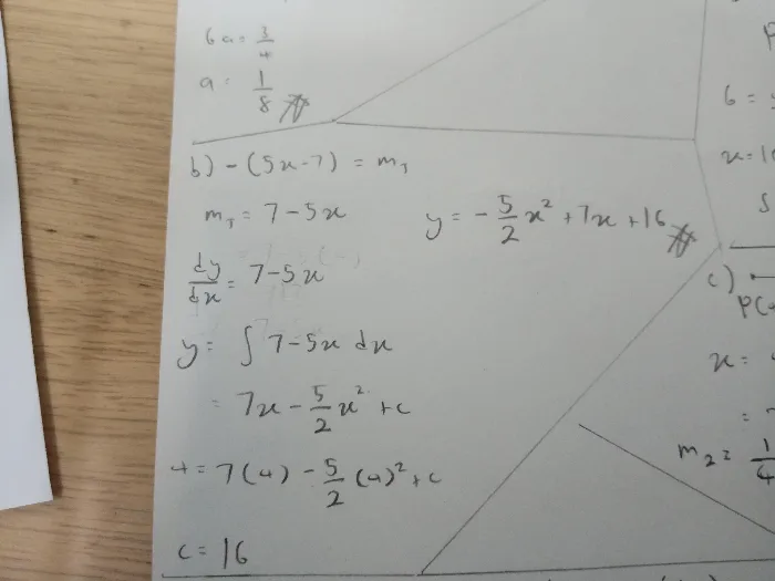 Zakwan's handwritten Add Maths working - Integration, June 2023. Gradient 7 − 5x, integrates, substitutes the point for c = 16, boxes y = −(5/2)x² + 7x + 16.